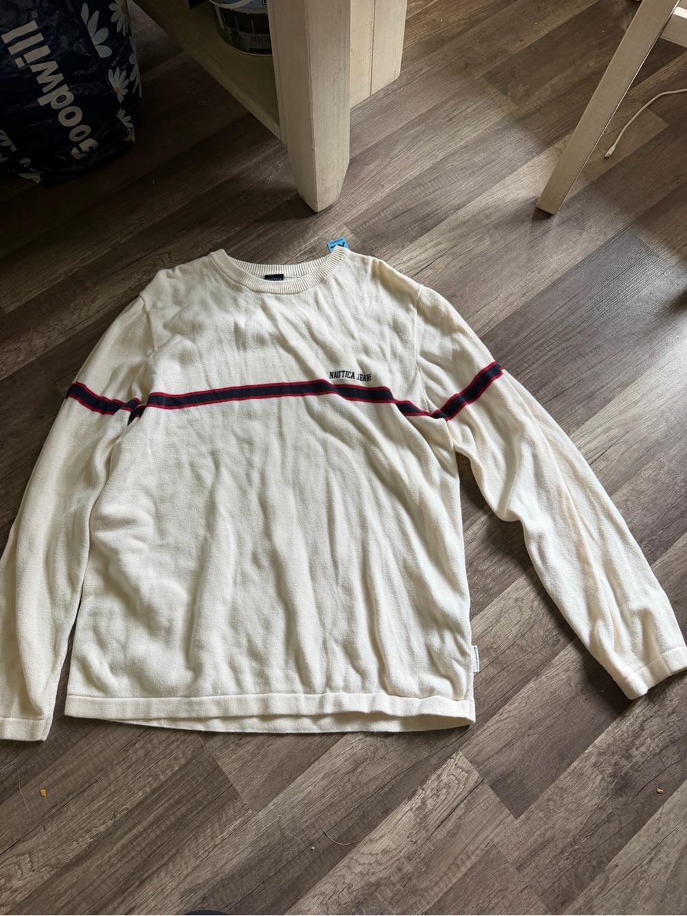 Nautica Cream Crewneck Sweater with Navy & Red Stripe